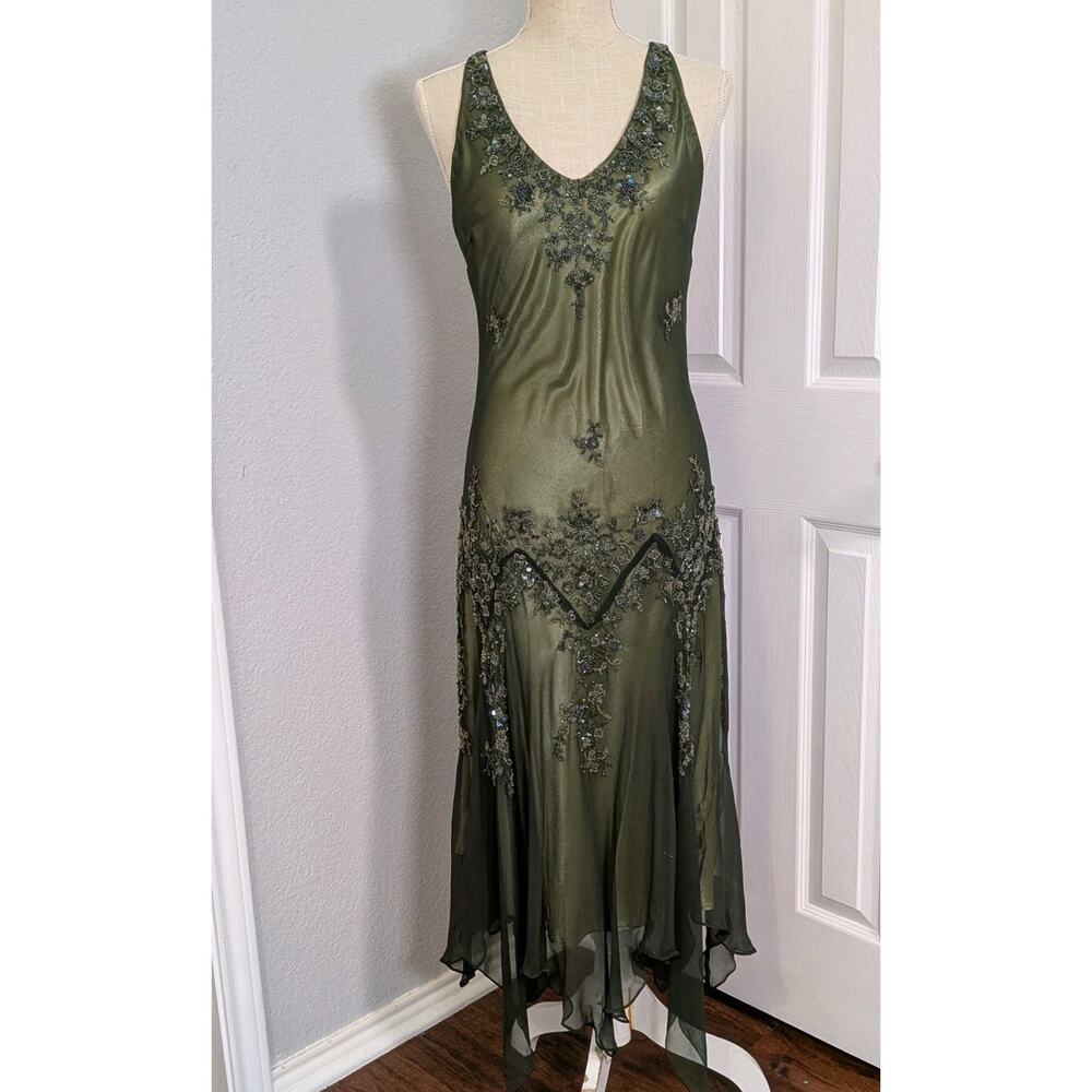 Vintage Silk Prom Dress Midi Gown L Green Y2K Fairy Floral Bead 90s Nymph Guest